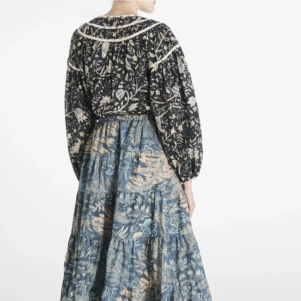 ULLA JOHNSON Kirana Lenai Printed Boho Blouse Navy Pre Fall 2022 Collection 8